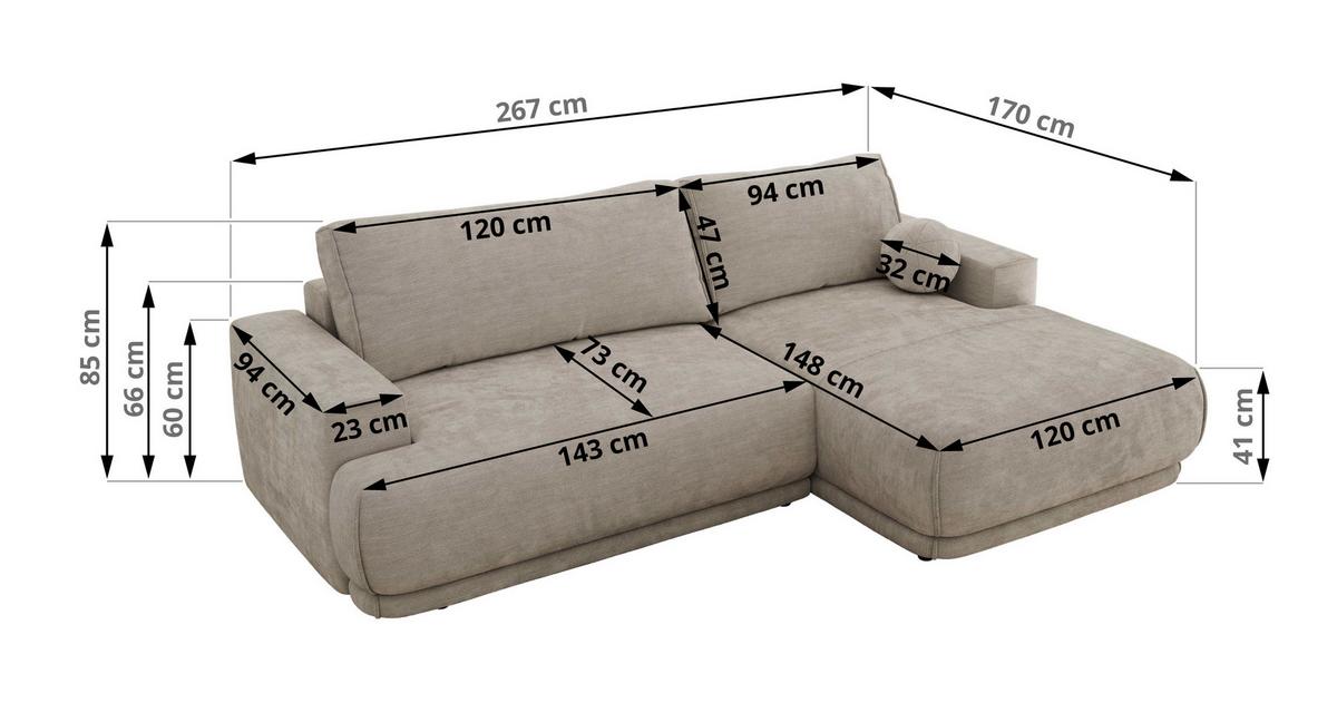ECKSCHLAFSOFA RINA L Hellgrau Schenille glatt - links - Hellgrau/Schwarz, Kunststoff/Textil (267/170cm) - MKS