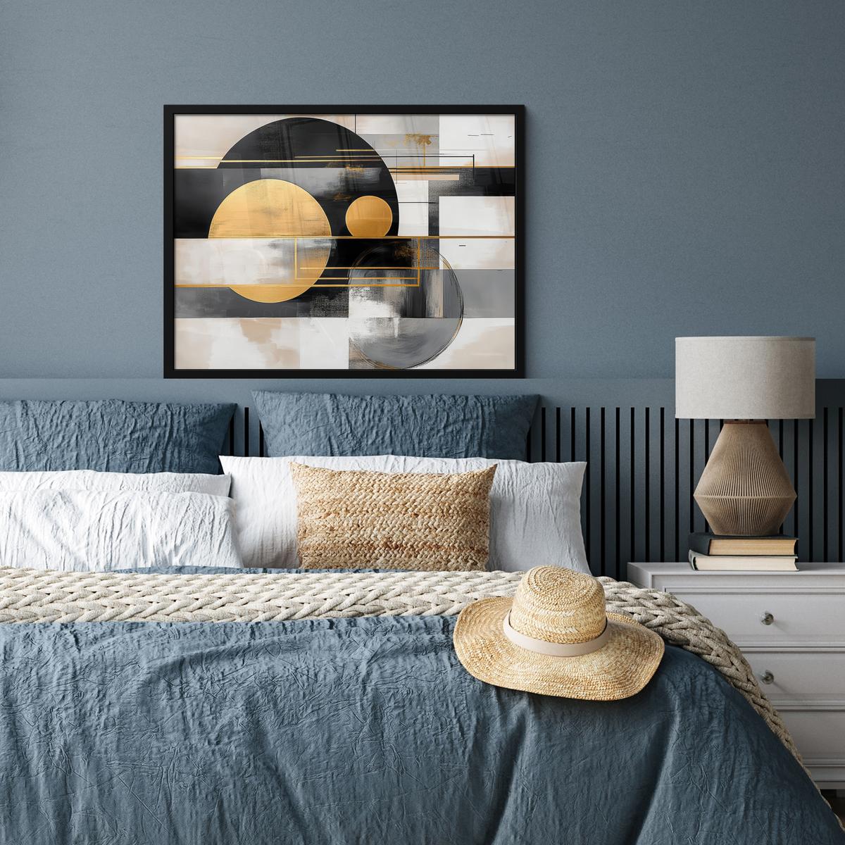POSTER MIT RAHMENGERAHMTES BILD Abstrakt - Gold - Silber - Formen - Ästhetisch - Modern 80x60 cm - Goldfarben, Papier (80/60cm) - MuchoWow