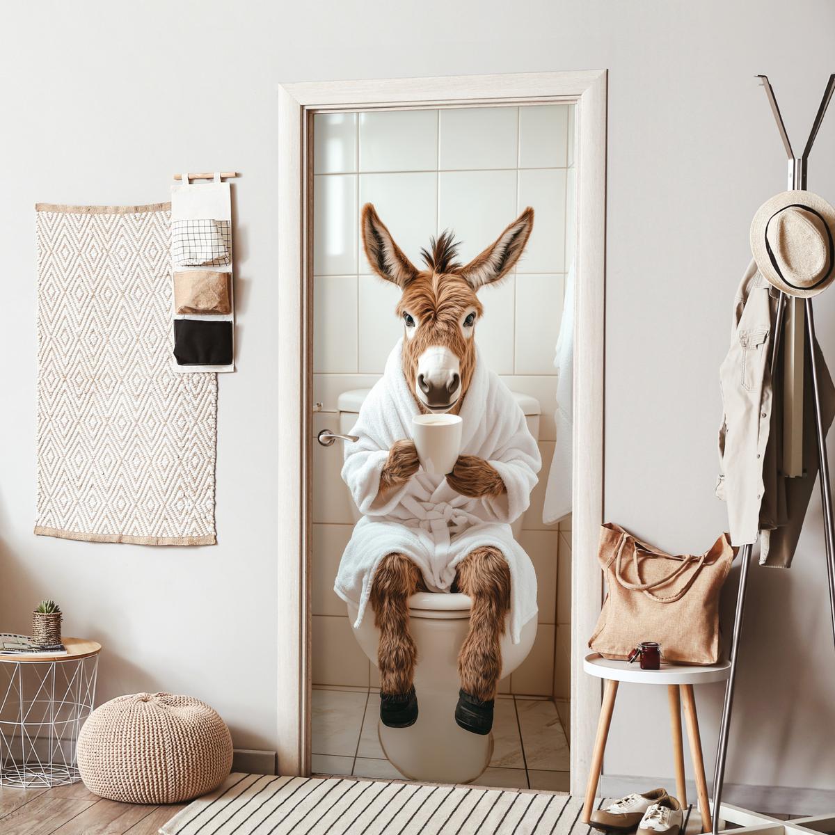 TÜRAUFKLEBER Esel - WC - Lustig - Bademantel - Tier Room Decor 85x205 cm - Türtapete - Beige, Kunststoff (85/0.1/205cm) - MuchoWow