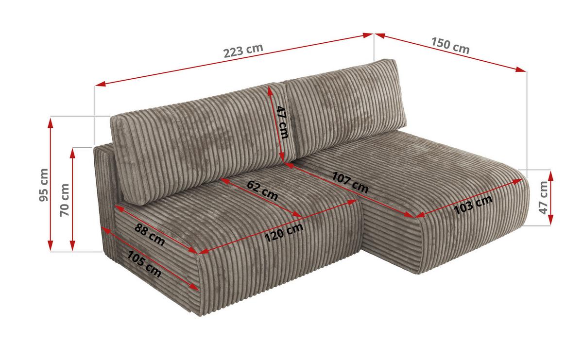 ECKSCHLAFSOFA VIVO L Hellbraun Cord - links - Hellbraun/Schwarz, Kunststoff/Textil (223/150cm) - MKS