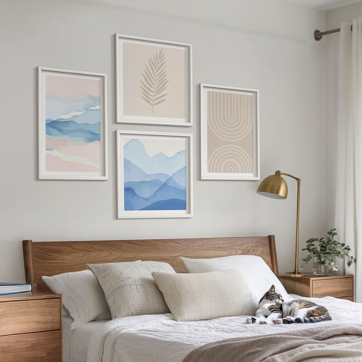 BILDER SET 4er Set - 50x50 cm & 40x60 cm Weißer Rahmen - Blätterwellen beige blau - Weiß, Kunststoff (50/50cm) - TULUP