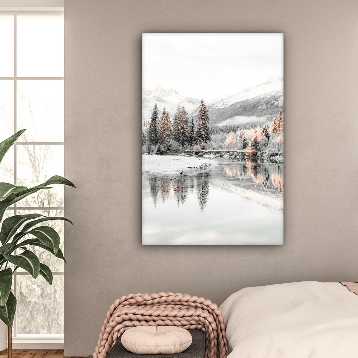 LEINWANDBILD Natur - Winter - Bäume - Berge - Schnee Deko XXL 80x120 cm - Weiß Hochglanz, Textil (80/120cm) - MuchoWow