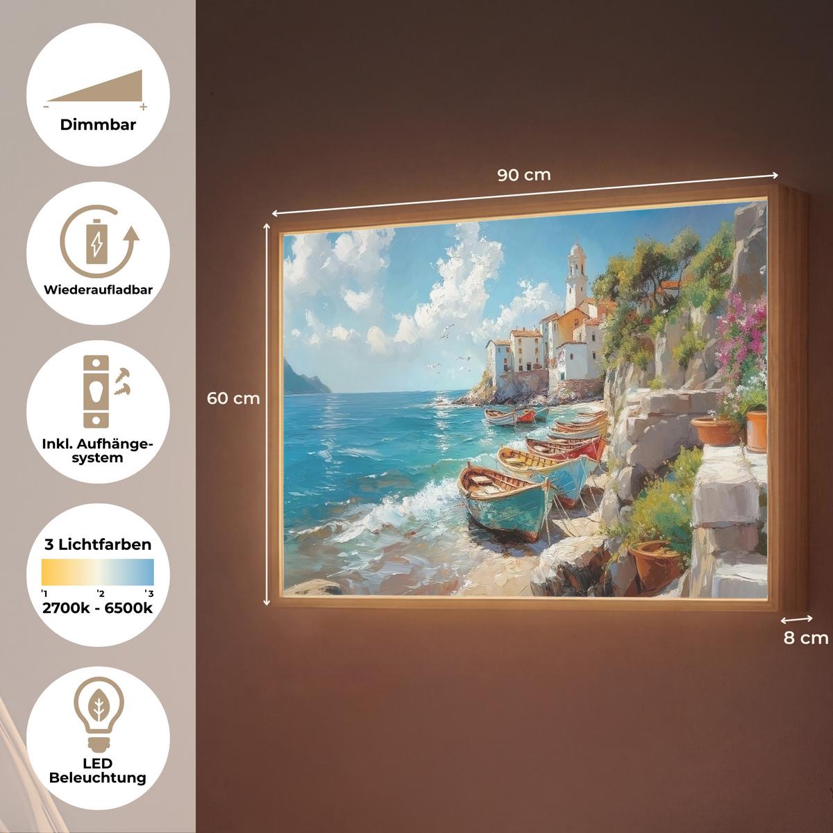 WANDLEUCHTE MIT AKKU Boote - Felsen - Meer - Sonne 90x60 cm - Blau, Holzwerkstoff (90/60/8cm) - OnlyWow