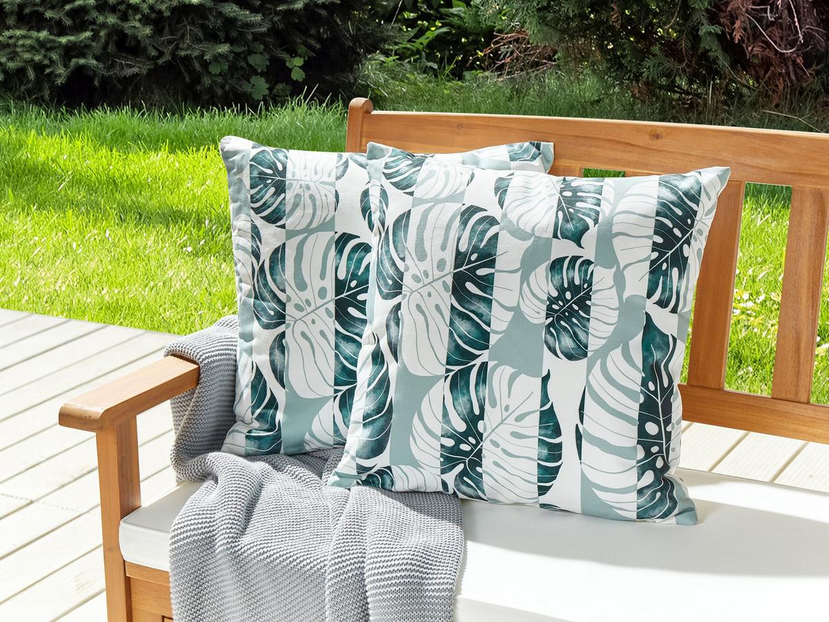 OUTDOOR-KISSEN 2er-Set Blattmuster grün 45/45 cm Termini - Hellgrau, Textil (45/45cm) - Beliani