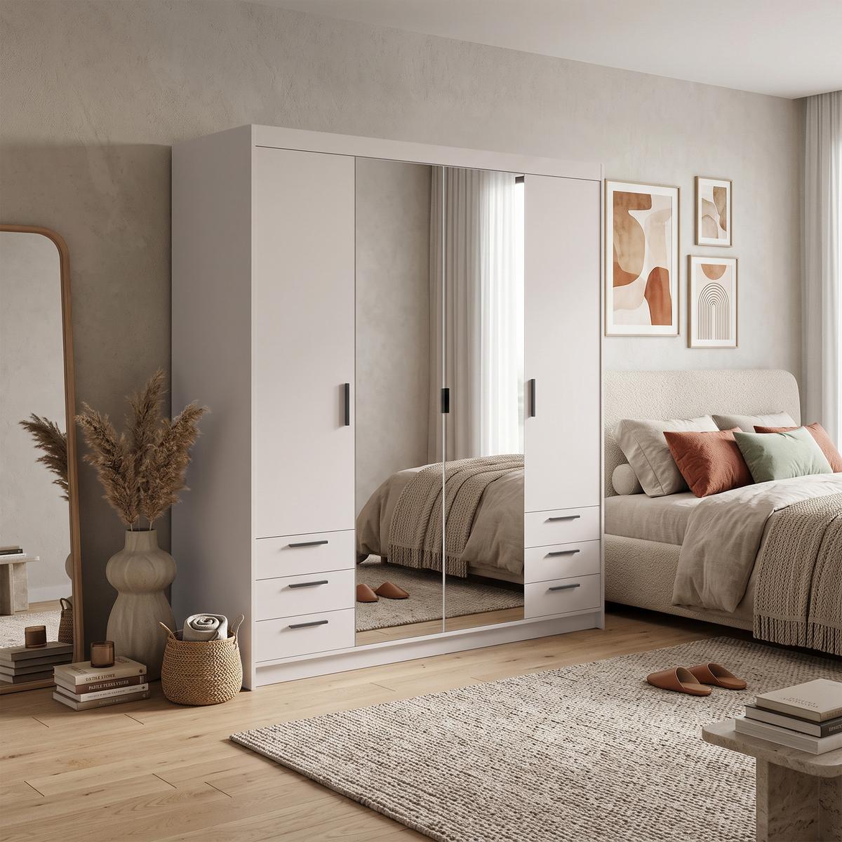 DREHTÜRENSCHRANK Elena mit 4 Türen, 6 Schubladen und Spiegel, 176 cm, Sandbeige - Sandfarben, Holzwerkstoff (176/190/53cm) - Beautysofa