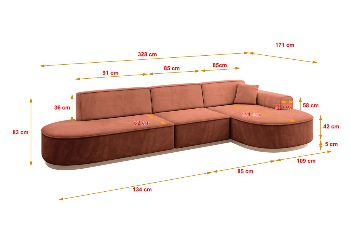 ECKSOFA Ottomane Rechts MARI-L2-v1 - 328x171x83 cm Koralle Velours - Koralle, Holzwerkstoff/Textil (171/328cm) - ALTDECOR