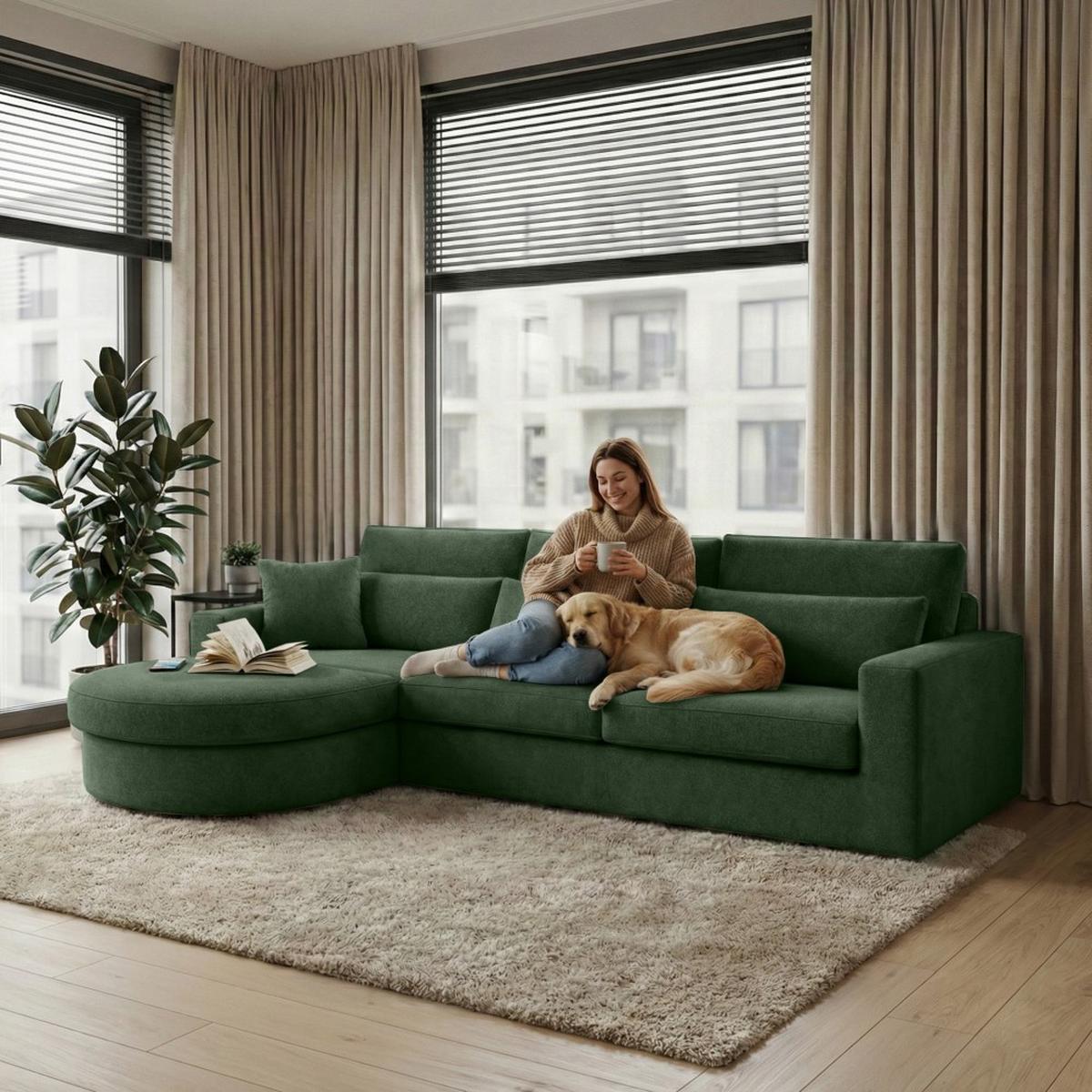 ECKSOFA Pablo ohne Schlaffunktion, mit abgerundeter Ottomane, links, Dunkelgrün, Velourstoff - Dunkelgrün, Textil (319/196cm) - Beautysofa
