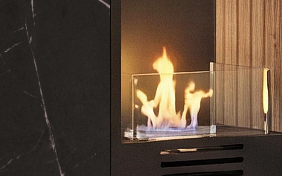 WOHNWAND Eiche, Marmor schwarz 300 cm, Anbauwand inklusive Ethanol Kamin - Eichefarben/Schwarz, Glas/Holzwerkstoff (300/182/45cm) - Inn.Furn
