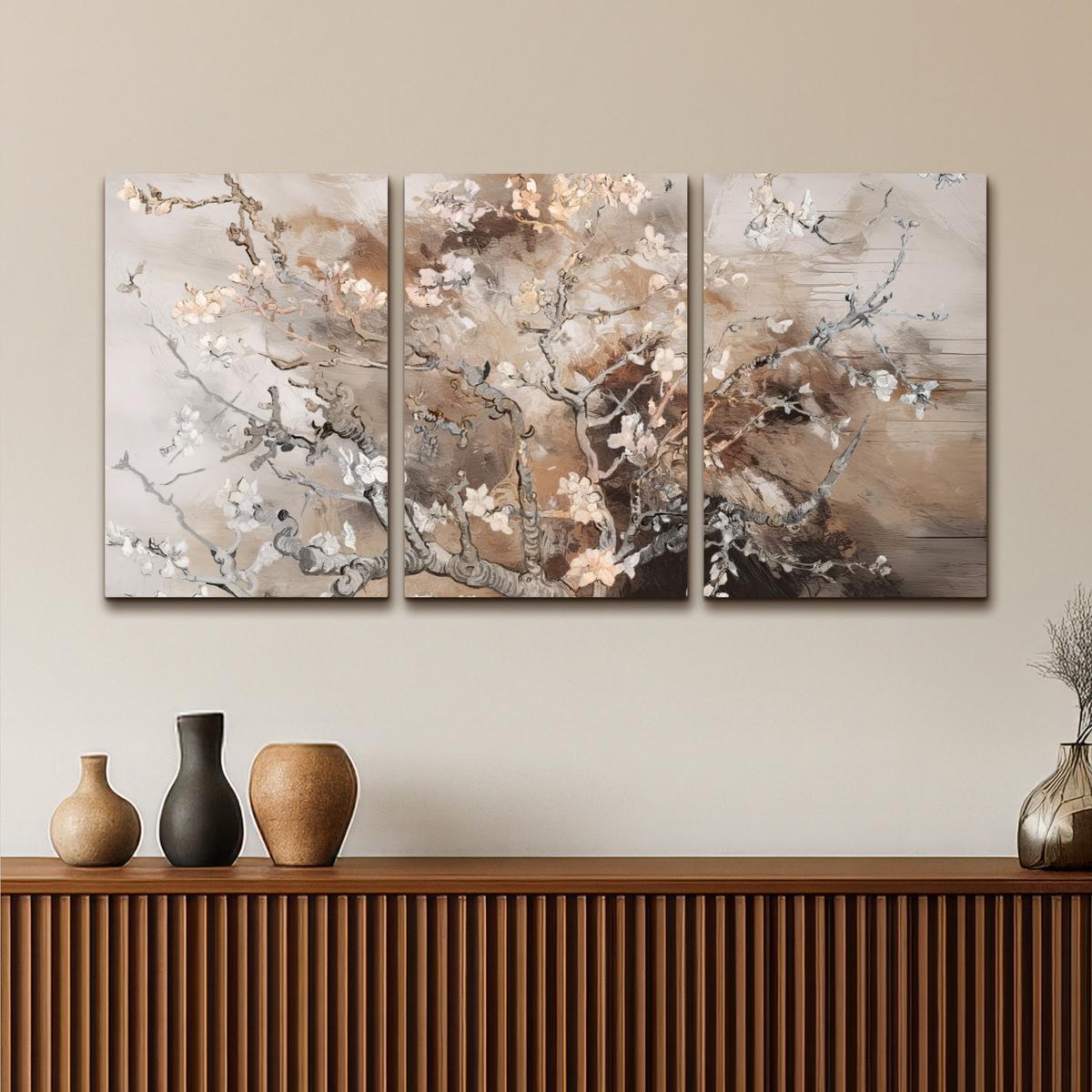 LEINWANDBILD 3er Set Mandelblüte - Abstrakt - Beige 120x60 cm - Beige, Textil (120/60cm) - MuchoWow