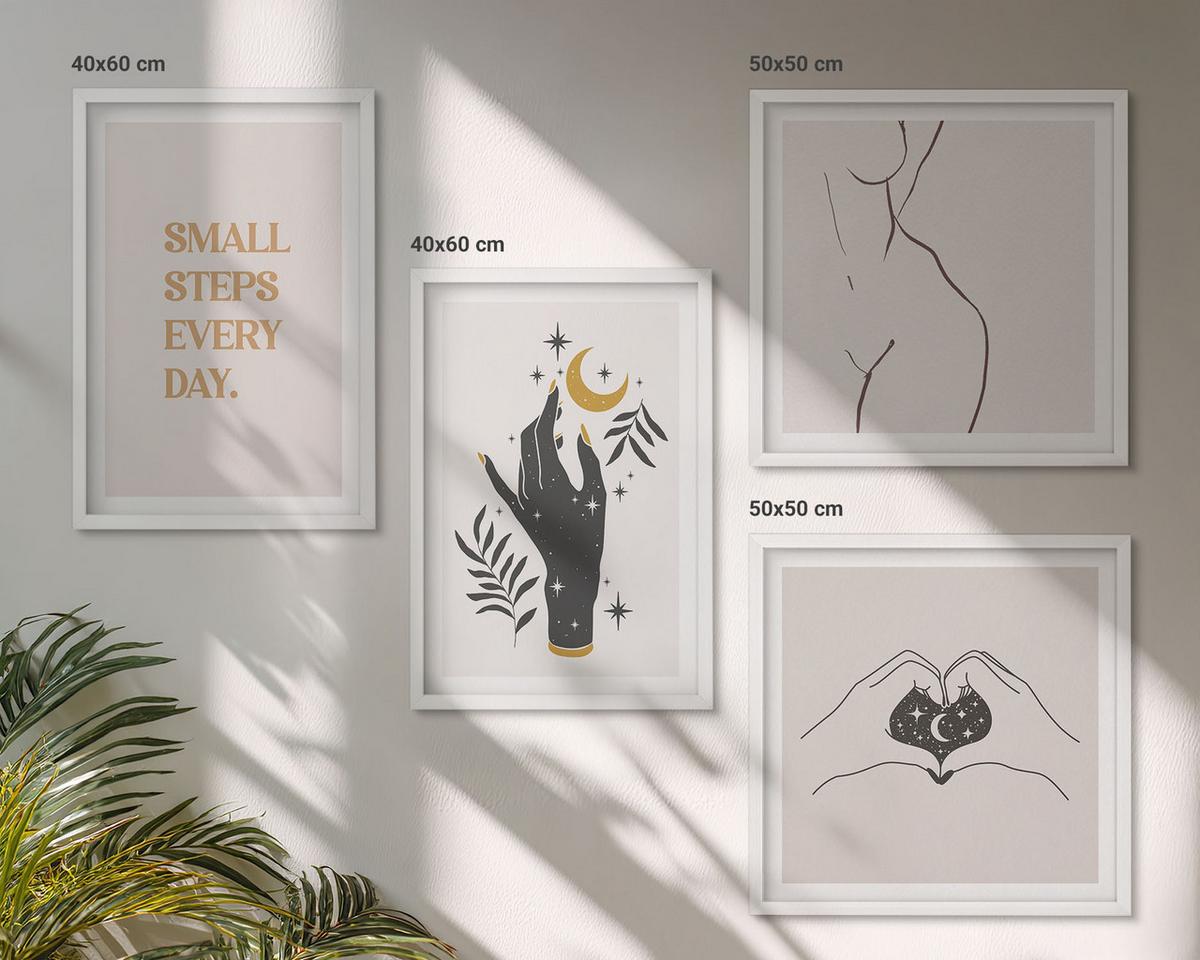 BILDER SET 4er Set - 50x50 cm & 40x60 cm Weißer Rahmen - Minimalistische Boho-Illustrationen - Weiß, Kunststoff (50/50cm) - TULUP