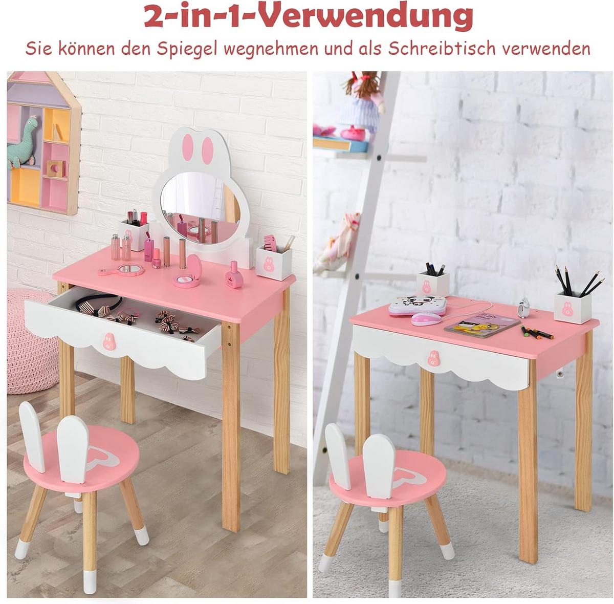 KINDER SCHMINKTISCH mit Hocker Pink - Pink, Holz (60/103/34cm) - COSTWAY