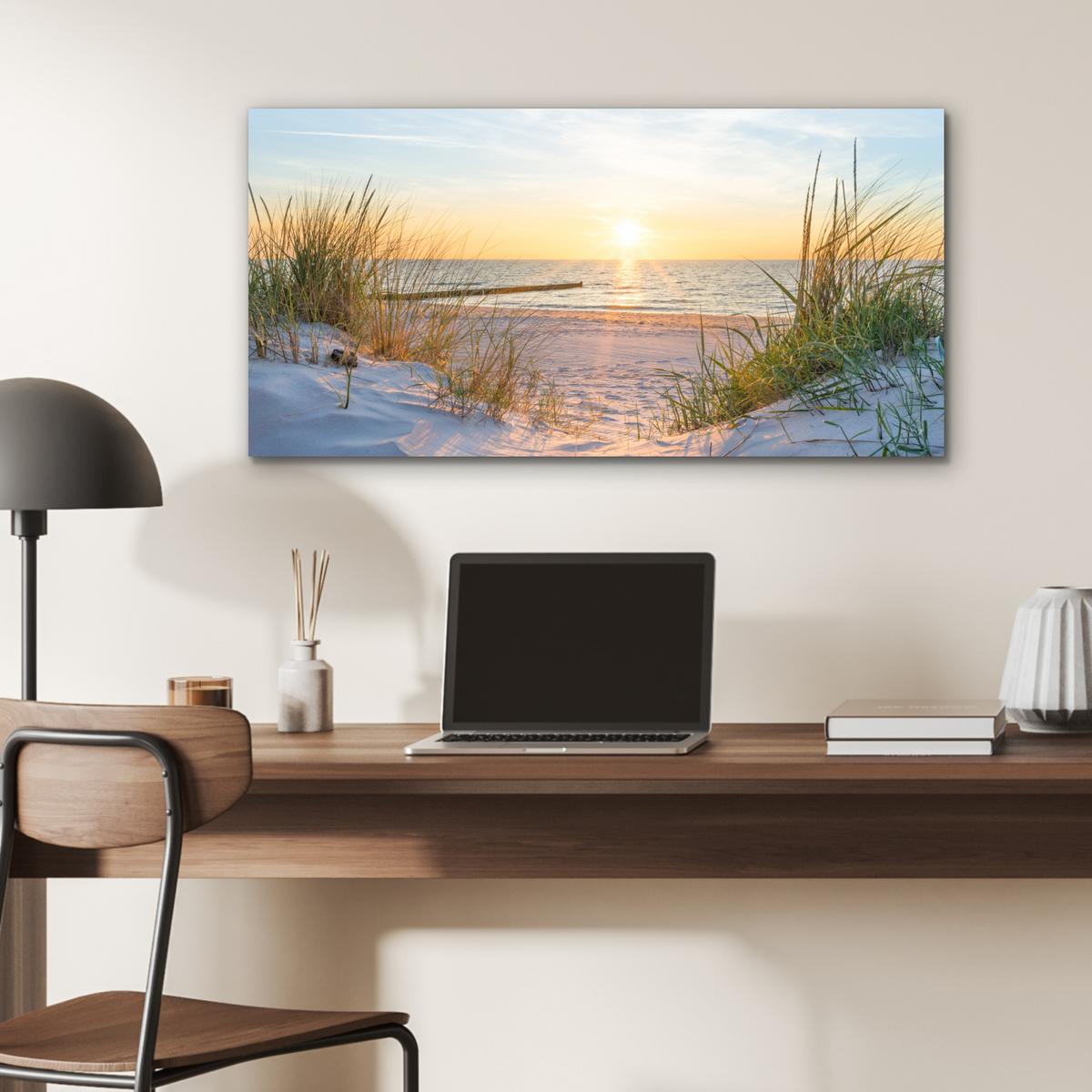 METALLBILD Strand - Sonne - Düne - Gras - Sand - Horizont 80x40 cm - Hellblau, Metall (80/40cm) - MuchoWow