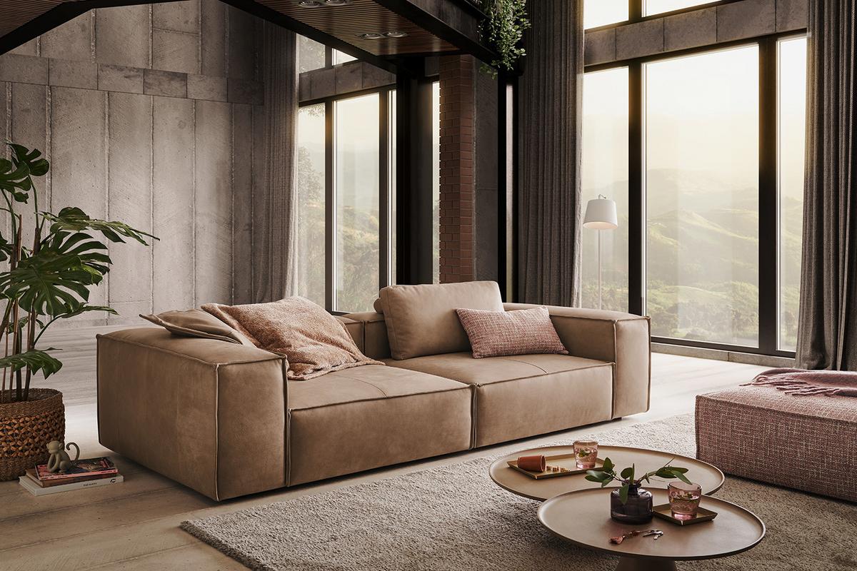 SOFA CARMO Taupe Leder - Taupe/Schwarz, Leder/Kunststoff (266/68/118cm) - KAWOLA