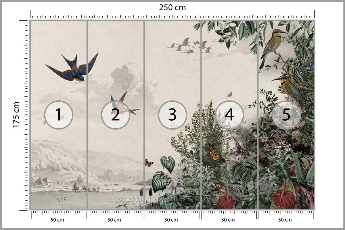 FOTOTAPETE für Wohnzimmer Retro Tropenlandschaft Vögel Büsche 250x175 - Beige/Rot, Papier (250/175cm) - Muralo