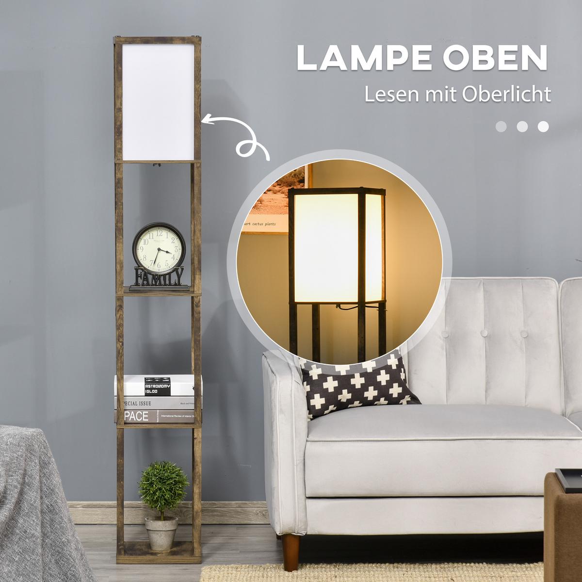 STEHLAMPE mit Regalen, Wohnzimmer Stehleuchte E27 bis 40W, Nachttischlampe - Braun, Textil (26/26/160cm) - HOMCOM