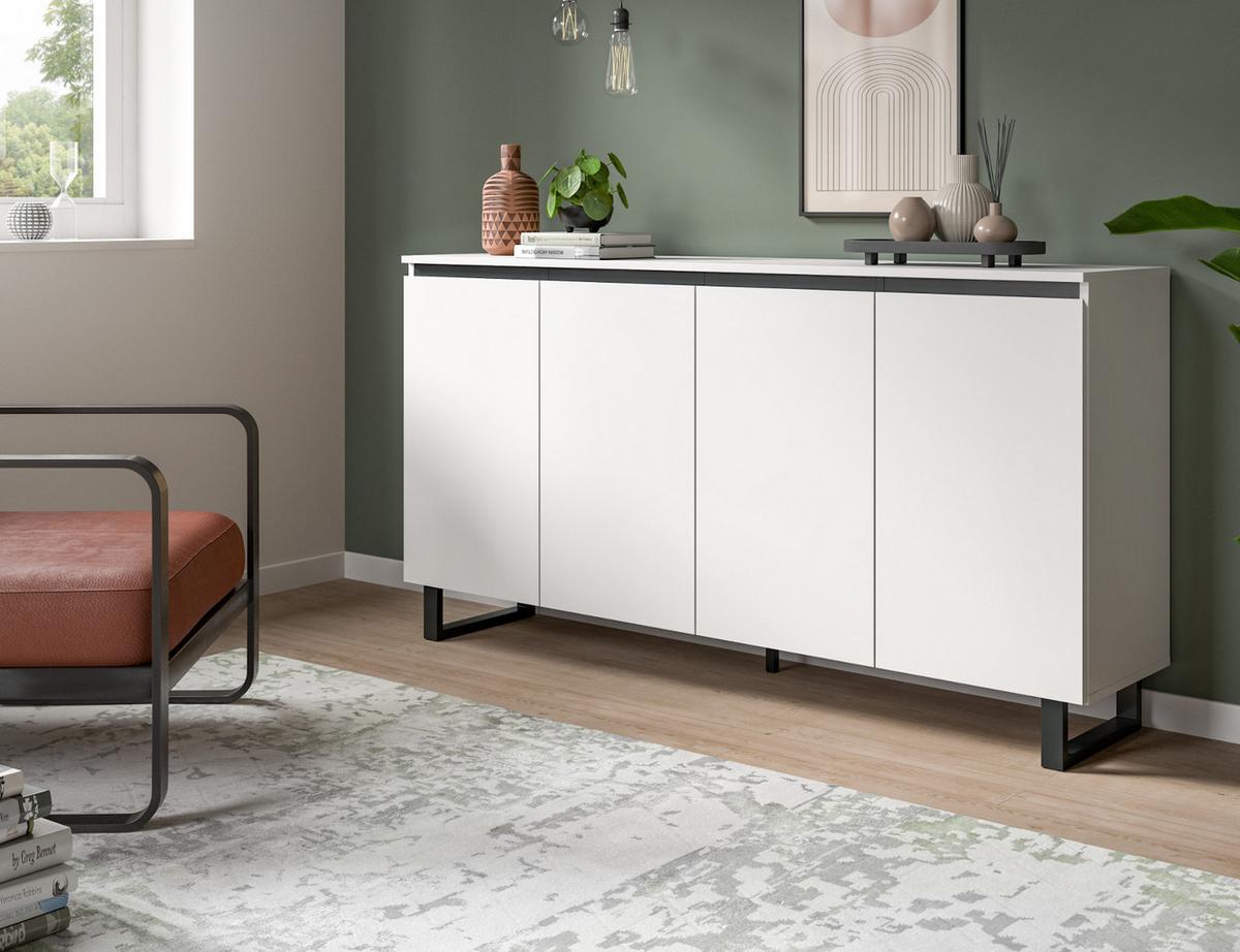 SIDEBOARD Weiß mit Schwarz, Kommode 4 Türen / 8 Fächer 160 cm mit Soft-Close - Schwarz/Weiß, Holzwerkstoff/Metall (160/84/36cm) - Inn.Furn