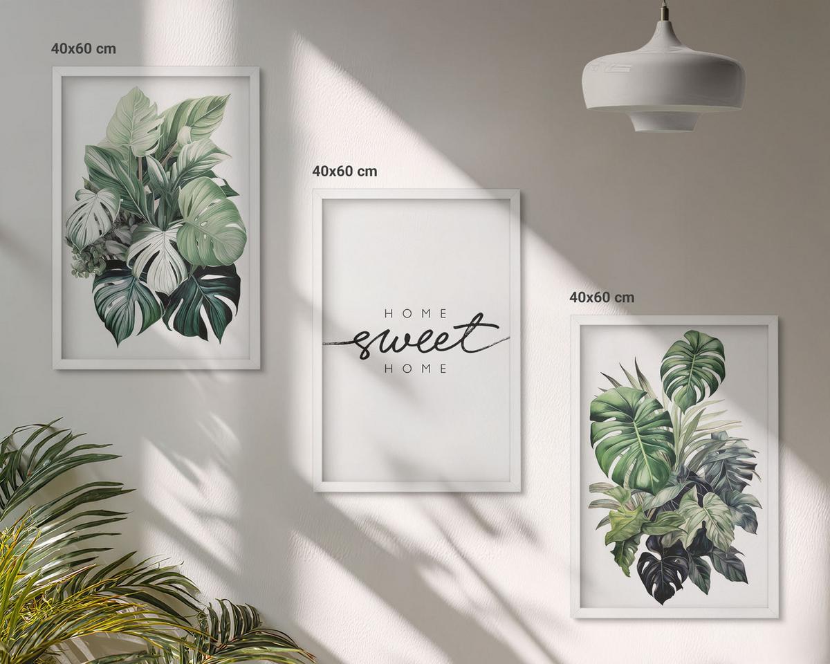 BILDER SET 3er Set - 40x60 cm Weißer Rahmen - Pflanzen mit der Aufschrift „Sweet Home“ - Weiß, Kunststoff (40/60cm) - TULUP