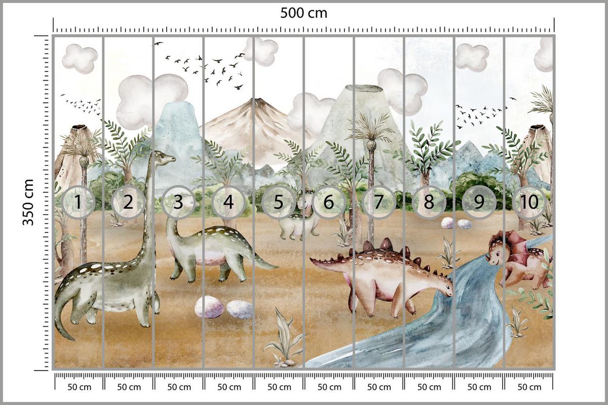 FOTOTAPETE für Kinderzimmer Dinosaurier Welt Vulkane Aquarell Tropische Bäume 500x350 - Blau/Beige, Papier (500/350cm) - Muralo