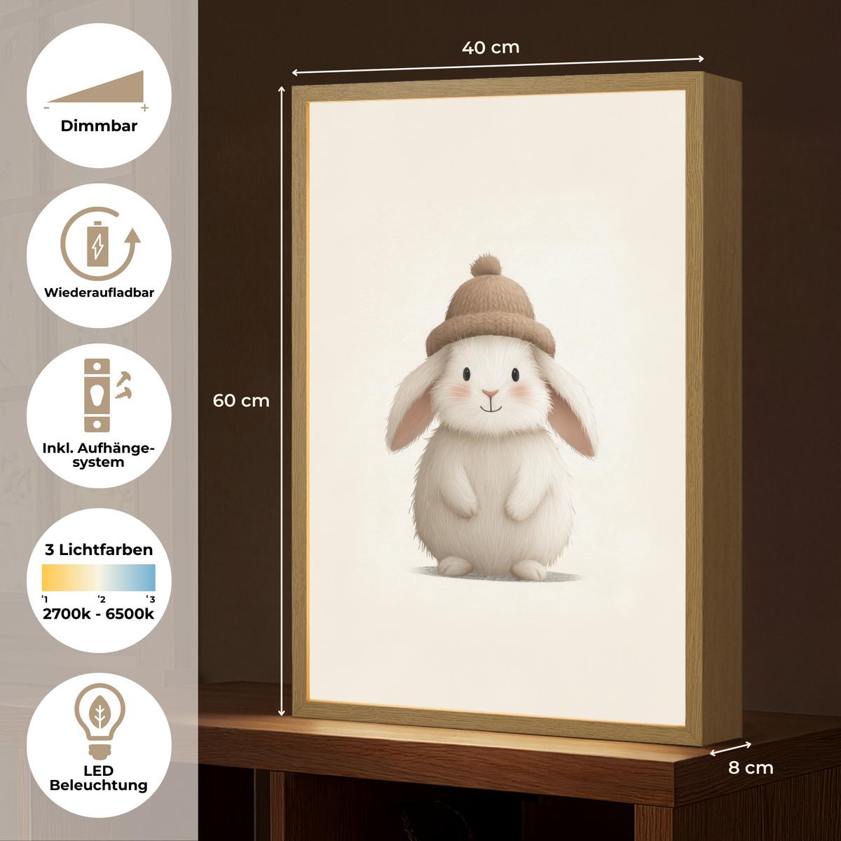 WANDLEUCHTE MIT AKKU Kaninchen - Hut - Ohren - Beige 40x60 cm - Creme, Holzwerkstoff (40/60/8cm) - OnlyWow