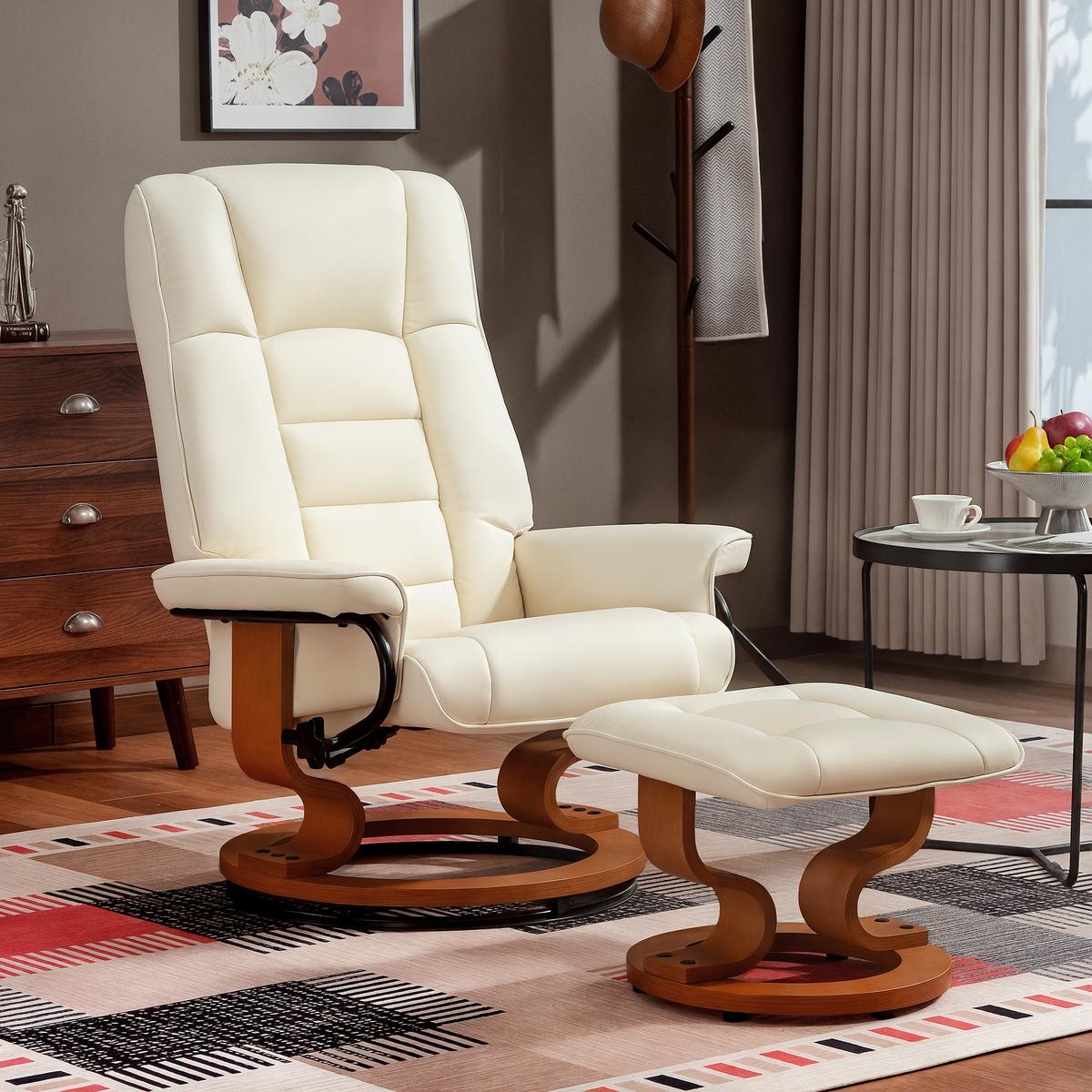 RELAXSESSEL-MIT-HOCKER 2er Set Kunstleder Holz Cremeweiß - Creme/Naturfarben, Holz/Kunststoff (85/104/76cm) - HOMCOM