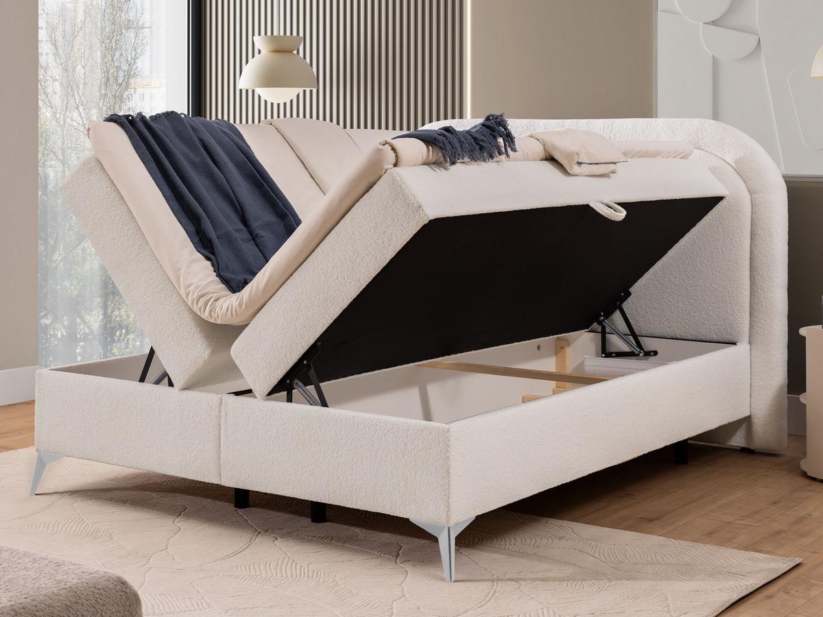 BOXBETT Sonna 200/200 cm Weiß Bouclé-Stoff mit abgerundetem Kopfteil und mit silbernen Metallfüßen - Silberfarben/Weiß, Holz/Textil (200/200cm) - S-Style Möbel