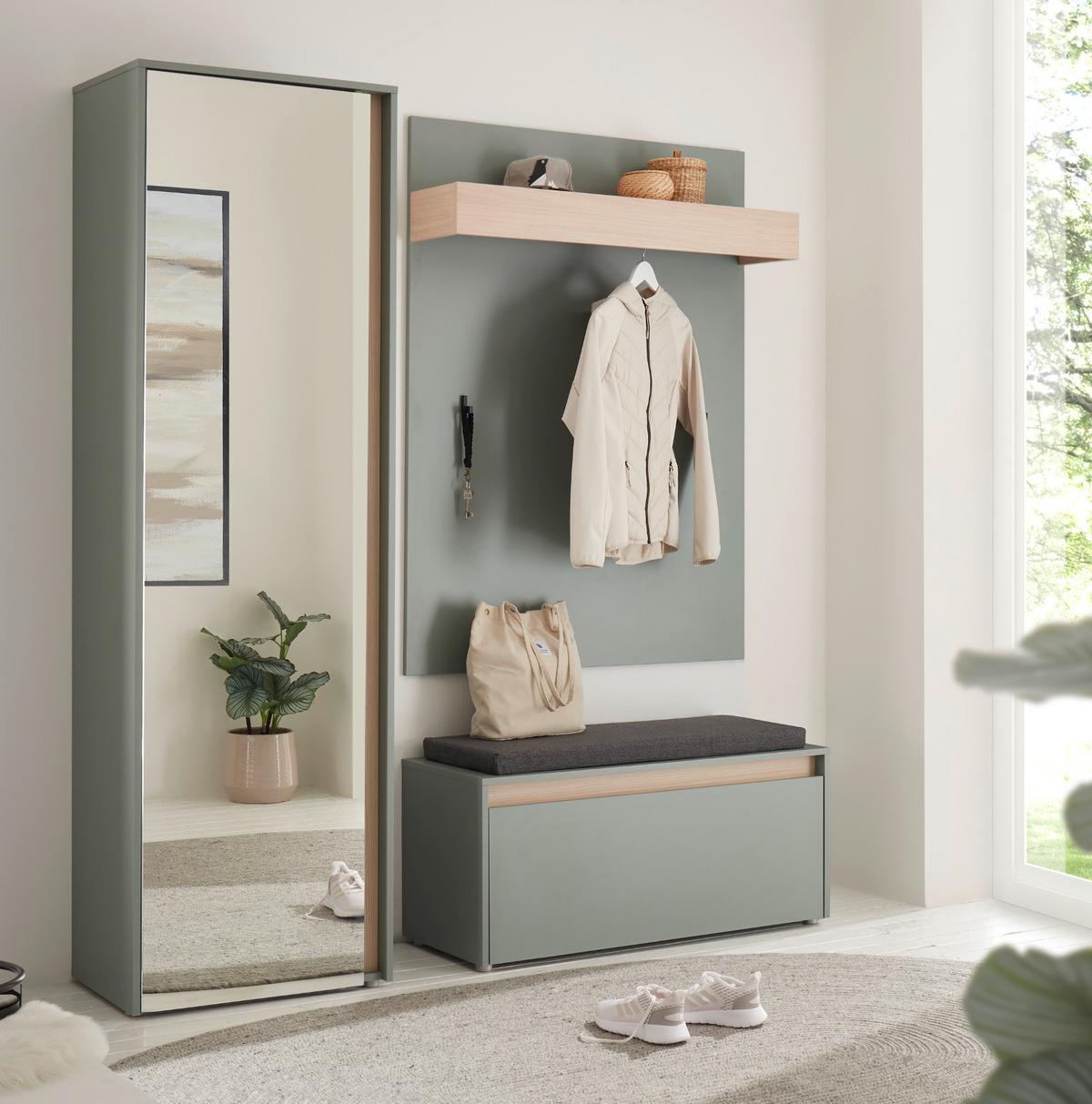 GARDEROBE Set 4-teilig, Salbei Grün und Eiche 170 x 200 cm mit Garderobenschrank und Spiegel - Salbeigrün/Eichefarben, Glas/Holz (170/200/40cm) - Furn.Design