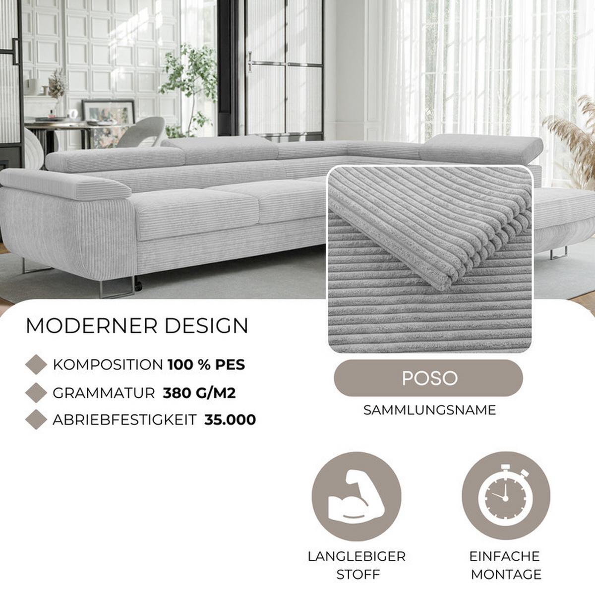 ECKSOFA ANTON rechts, mit Schlaffunktion und Bettkasten Hellgrau - Chromfarben/Hellgrau, Textil/Metall (274/203cm) - Idohome