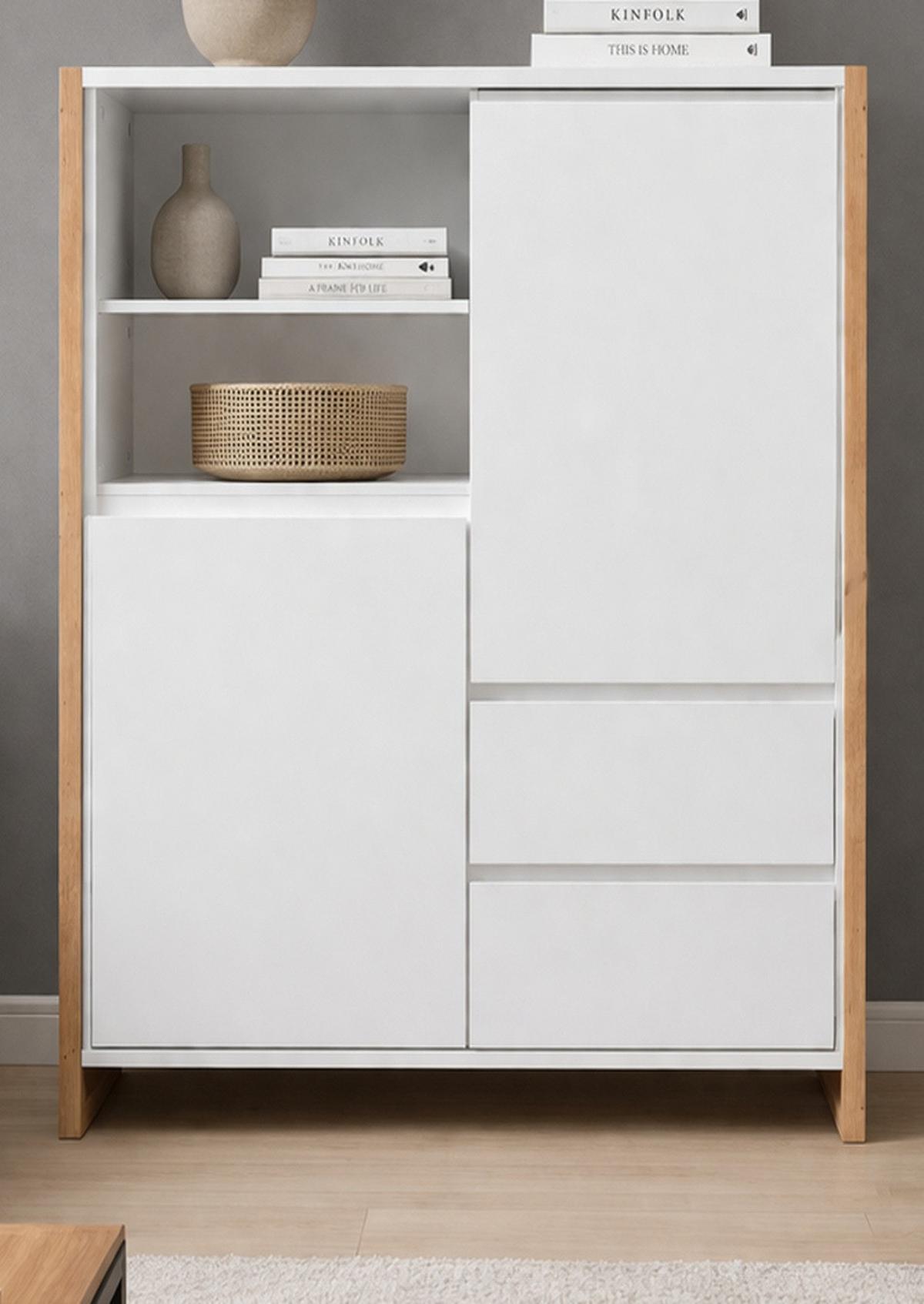 HIGHBOARD weiß, Eiche Artisan 120 cm, Kommode im skandinavischen Design - Weiß/Eiche Artisan, Holzwerkstoff (120/139/40cm) - Furn.Design