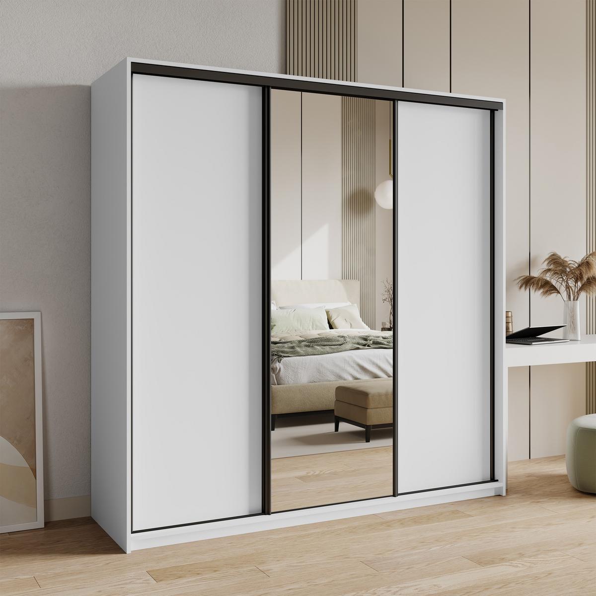 SCHWEBETÜRENSCHRANK TAVI 180/205/60 cm 3-türig mit Spiegel und Schubladen Weiß - Schwarz/Weiß, Holzwerkstoff (180/205/60cm) - MASSENO