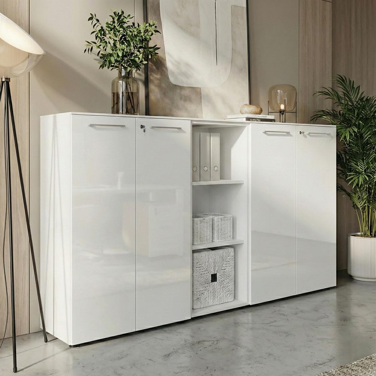 AKTENSCHRANK "Muenchen" Glasfront Soft-Close Abschließbar, Weiß 80x37x120cm - Weiß, Holzwerkstoff/Metall (80/120/37cm) - KADIMA DESIGN