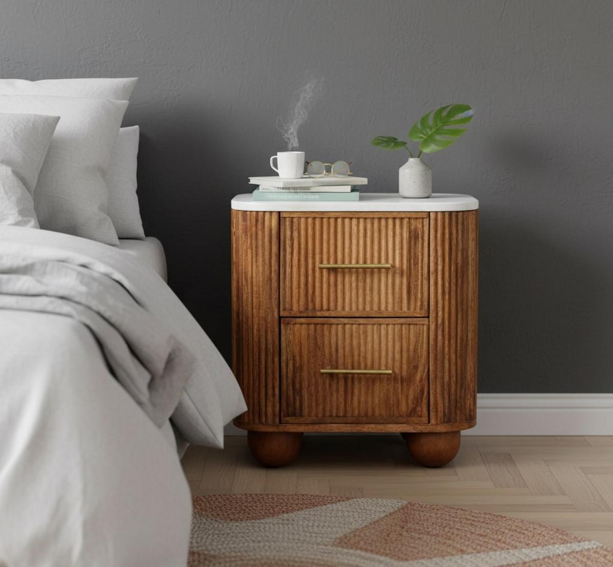 NACHTTISCH mit Golden-Teak-Finish, 2 Schubladen, Marmorplatte oben, braun. - Braun, Holz (45/49/35cm) - Artisan Furniture