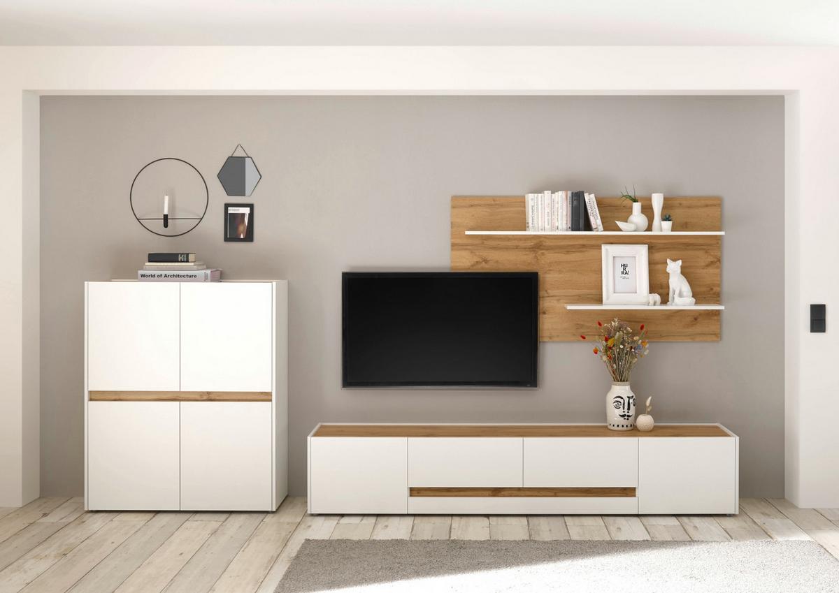 WOHNWAND weiß, Eiche Wotan 3-teilig 343 cm, Schrankwand mit viel Stauraum - Eiche Wotan/Schwarz, Holz/Holzwerkstoff (360/180/45cm) - Furn.Design