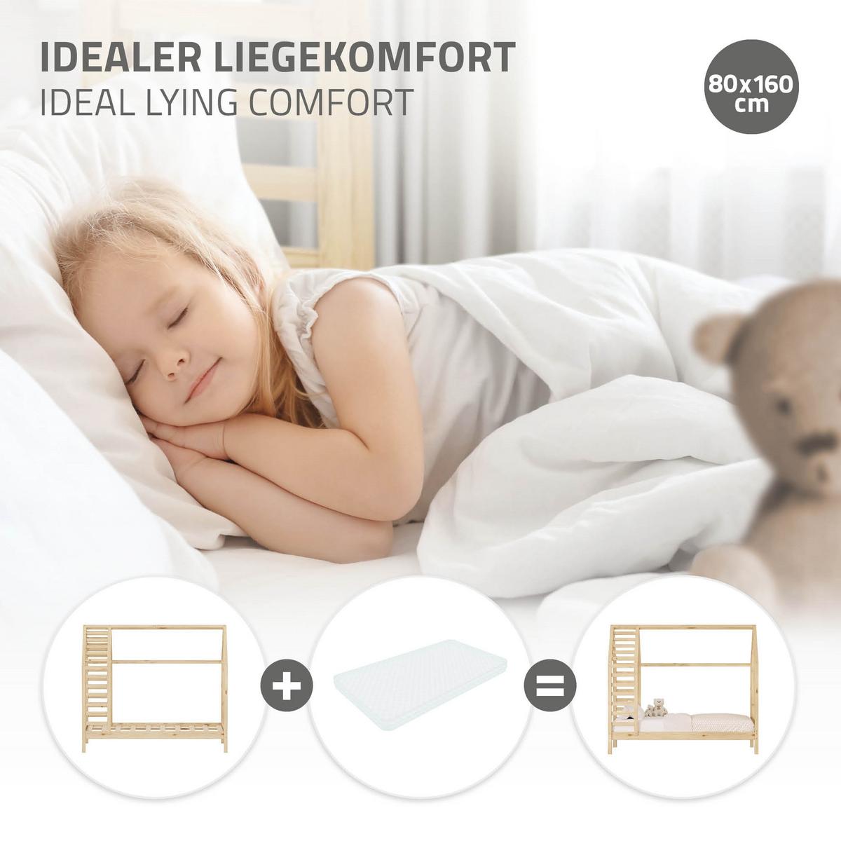KINDERBETT 80x160 cm mit Lattenrost Dach und Fenster Hausbett aus massivem Kiefernholz Natur - Naturfarben, Holz (80/160cm) - ML-DESIGN