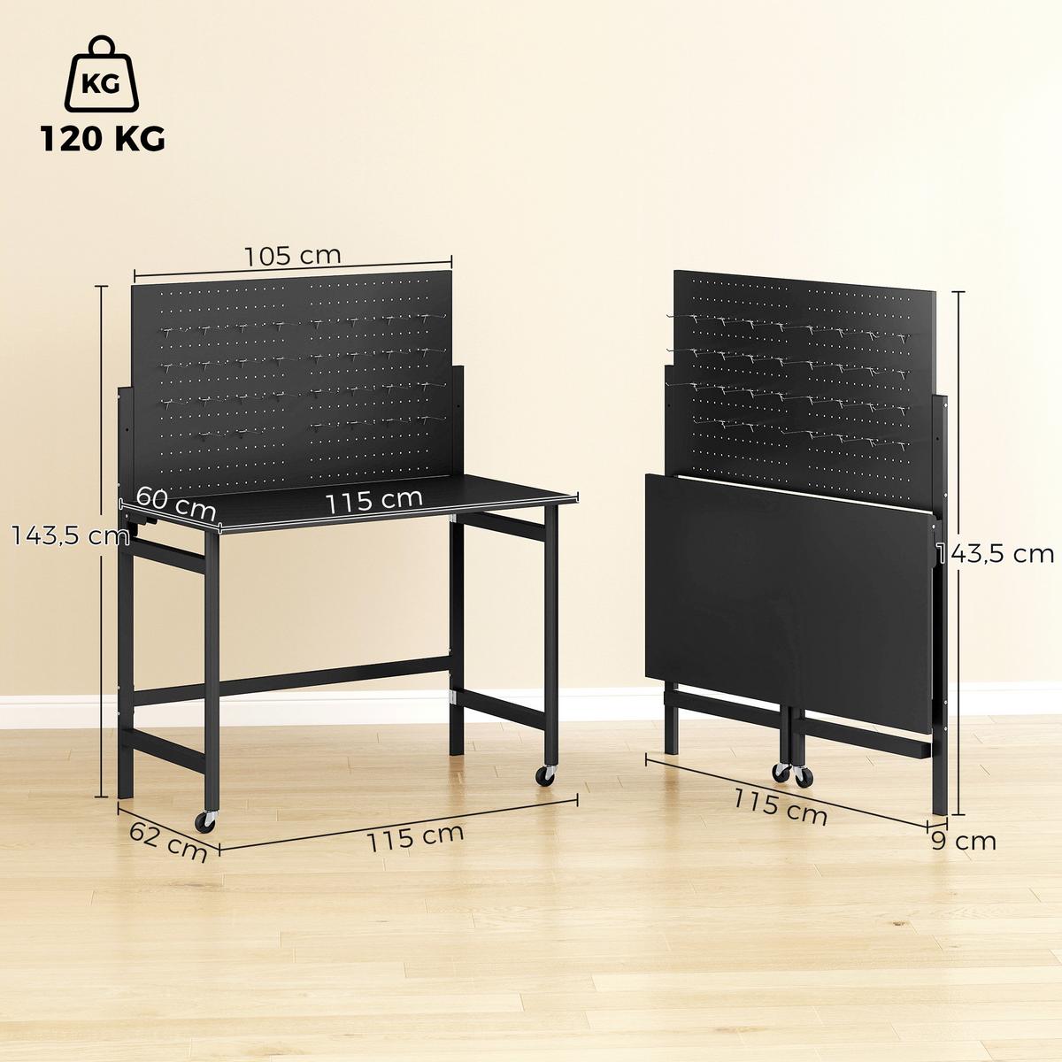 WERKBANK MDF Schwarz - Schwarz, Metall (62/143.5/115cm) - HOMCOM