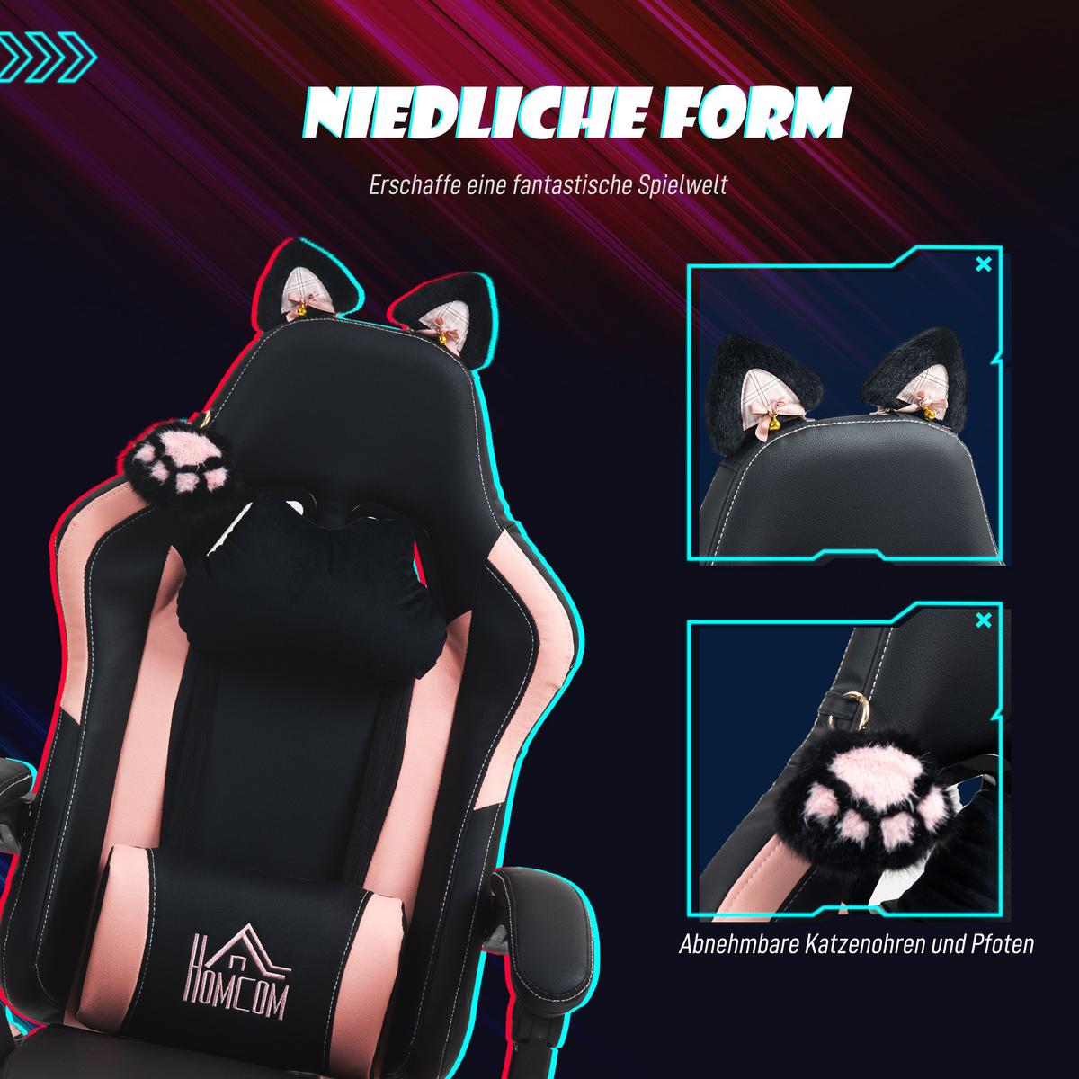 GAMINGSTUHL mit Lendenkissen Rosa, Schwarz - Schwarz, Kunststoff (62/124/65cm) - HOMCOM