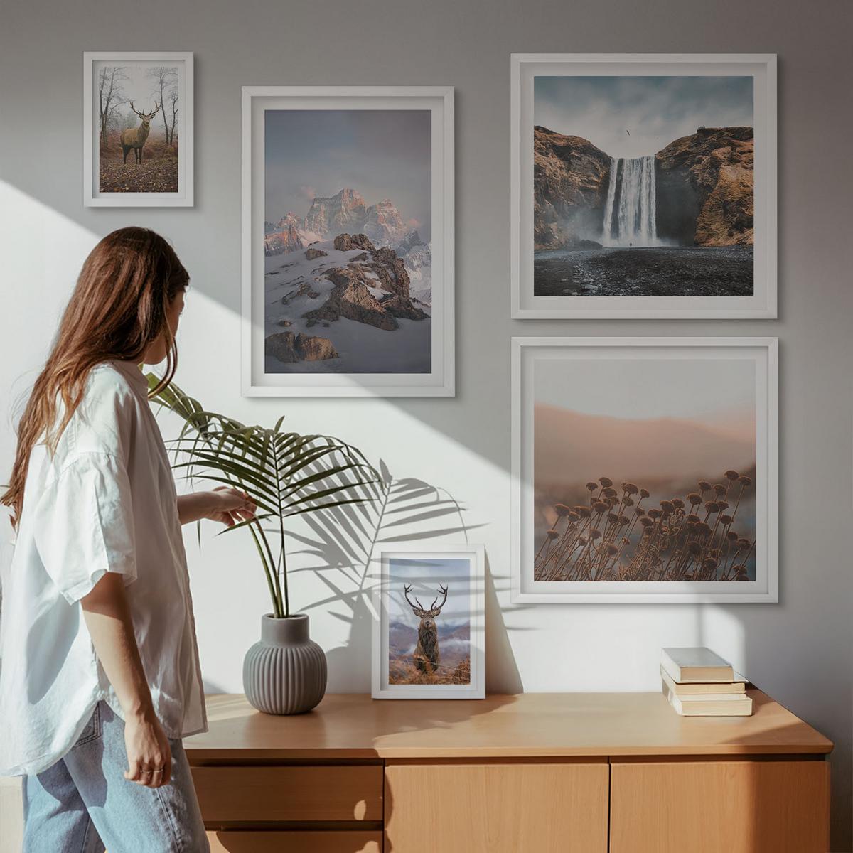 BILDER SET 5er Set - 50x50 cm & 20x30 cm & 40x60 cm Weißer Rahmen - Urlaub Palmen Wasserfall - Weiß, Kunststoff (40/60cm) - TULUP