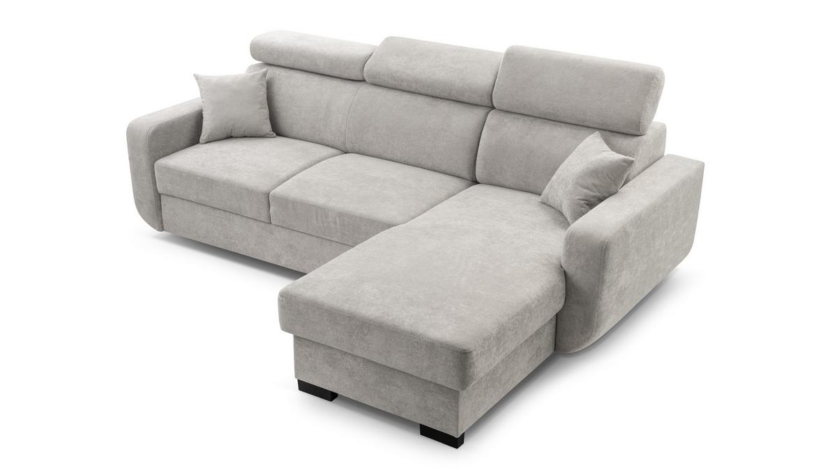 ECKSOFA CASTELLO Grau Plüsch-Stoff mit Schlaffunktion - Grau, Holz (236/165cm) - MASSENO