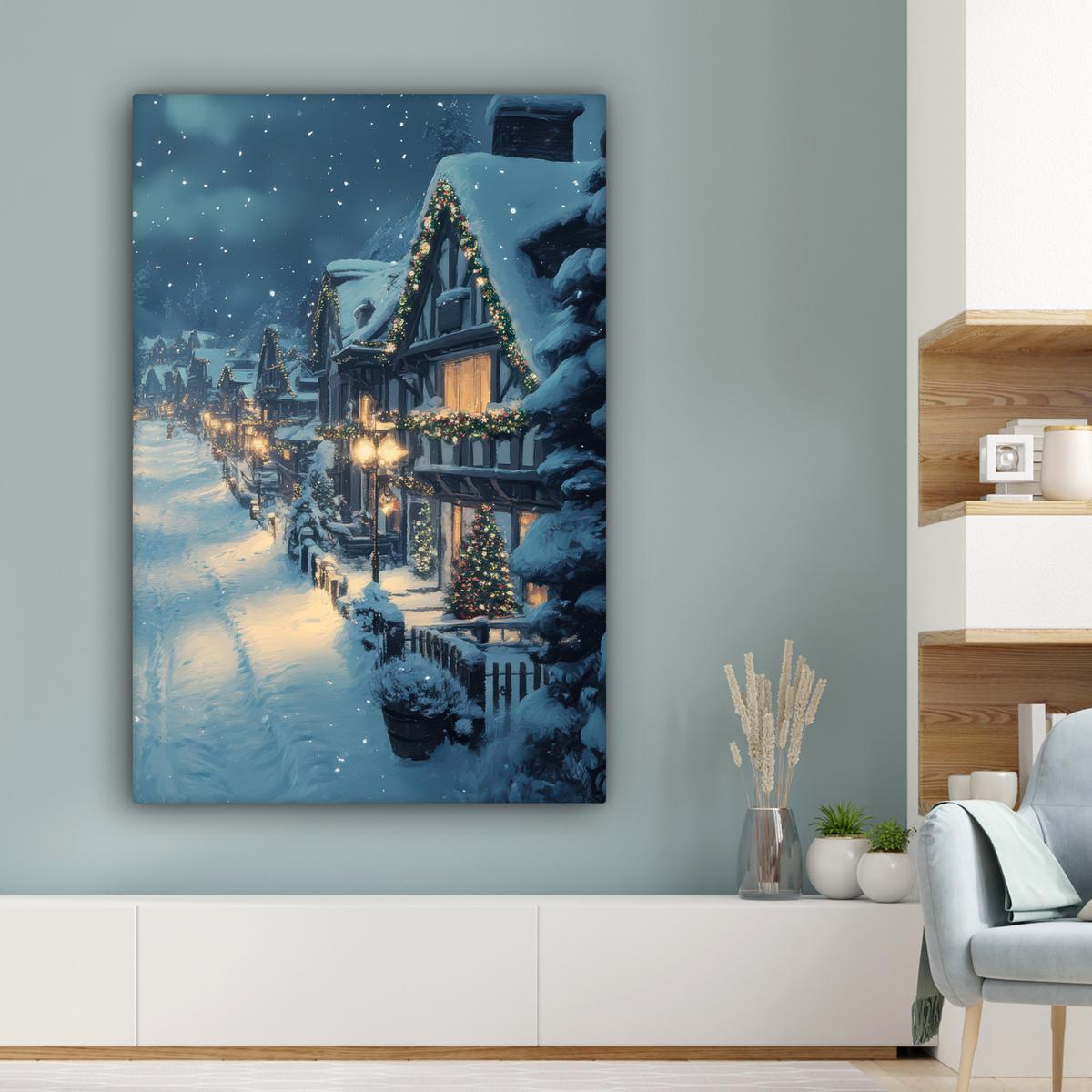 LEINWANDBILD Weihnachtsdorf - Weihnachten - Schnee - Winter Deko XXL 80x120 cm - Dunkelblau, Textil (80/120cm) - MuchoWow