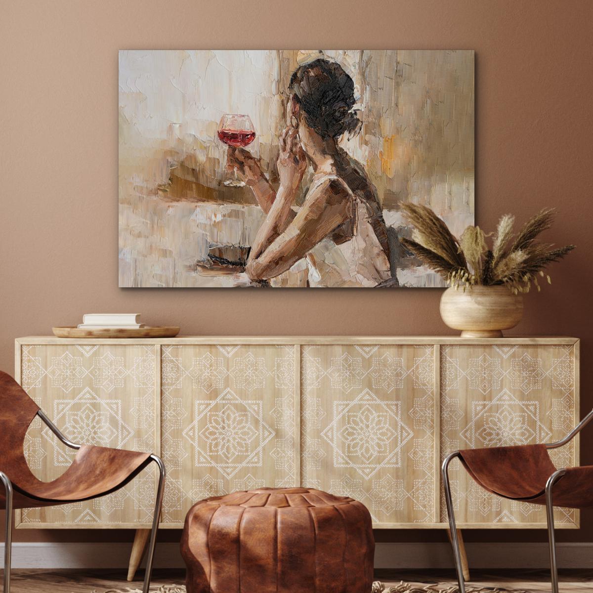 METALLBILD Ölgemälde - Frau - Wein Wanddeko 90x60 cm - Hellbraun, Metall (90/60cm) - MuchoWow