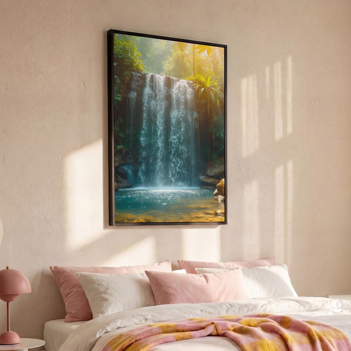 LEINWAND Bilder mit Rahmen - Wasserfall - Dschungel - Sonne - Grün - Natur - 100x150 - Grün, Textil (100/150cm) - MuchoWow