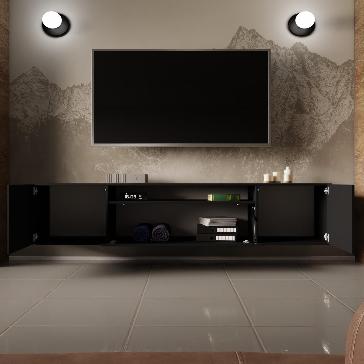 LOWBOARD MIVO 200/41/40 cm, Hängender TV-Schrank Schwarz - Schwarz, Holzwerkstoff (200/41/40cm) - MASSENO