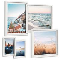 BILDER SET 5er Set - 50x50 cm & 20x30 cm & 40x60 cm Weißer Rahmen - Vögel im Flug, Himmel, Mond - Weiß, Kunststoff (40/60cm) - TULUP