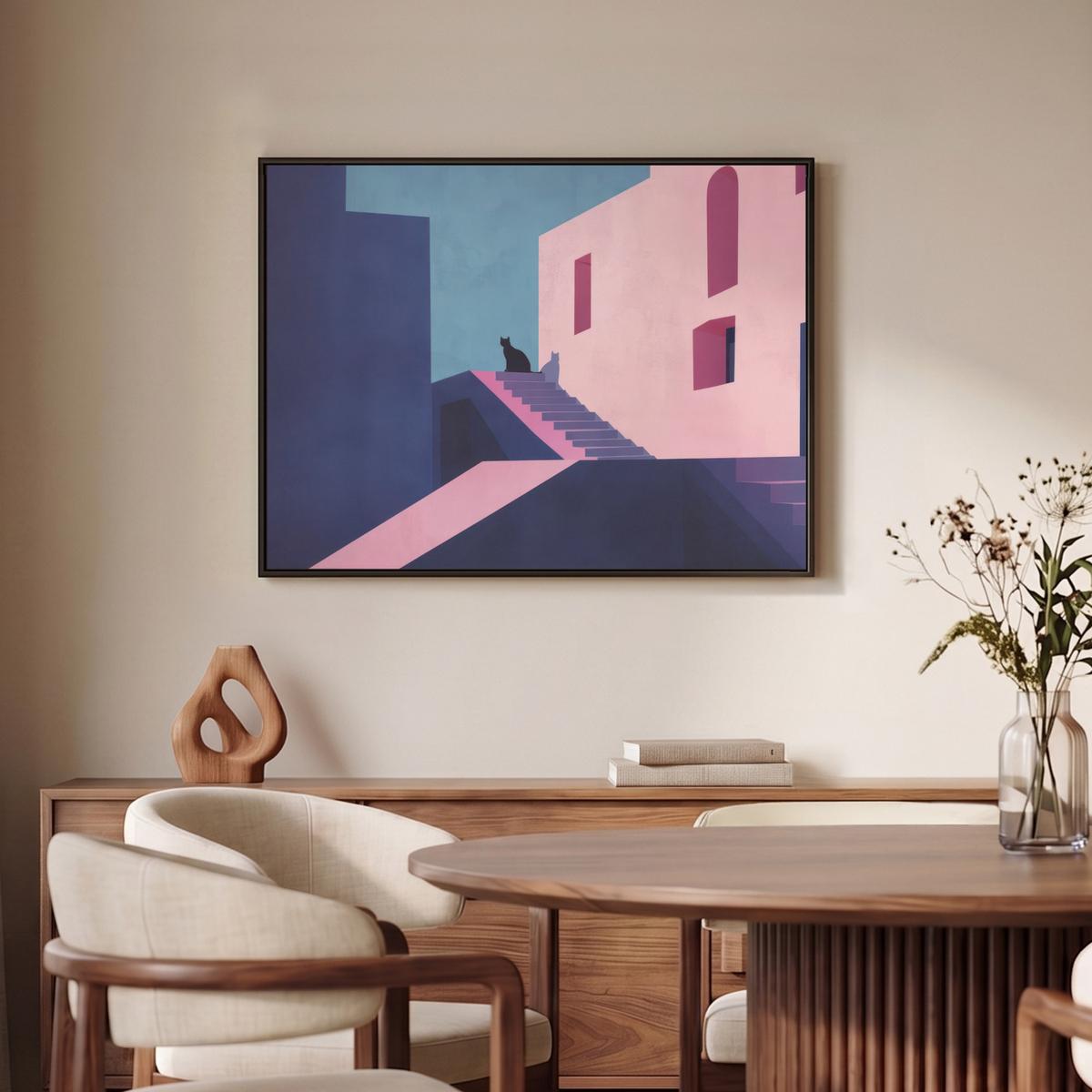 LEINWAND Bilder mit Rahmen - Katze - Treppe - Gebäude - Schattenkontraste - 70x50 - Dunkelblau, Textil (70/50cm) - MuchoWow