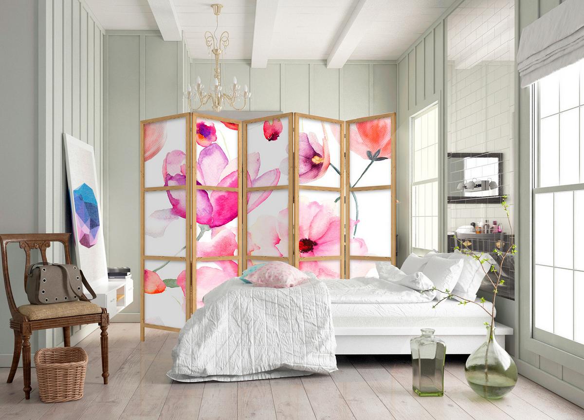 PARAVENT Japanischer 5-tlg 225x172 cm Aquarell Blumen - Multicolor, Holz/Textil (225/172/3cm) - Muralo