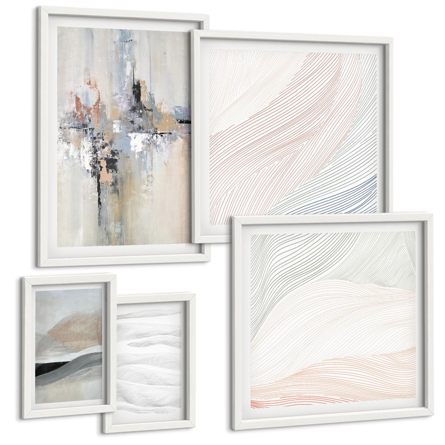 BILDER SET 5er Set - 50x50 cm & 20x30 cm & 40x60 cm Weißer Rahmen - Abstrakte Erdmuster - Weiß, Kunststoff (40/60cm) - TULUP