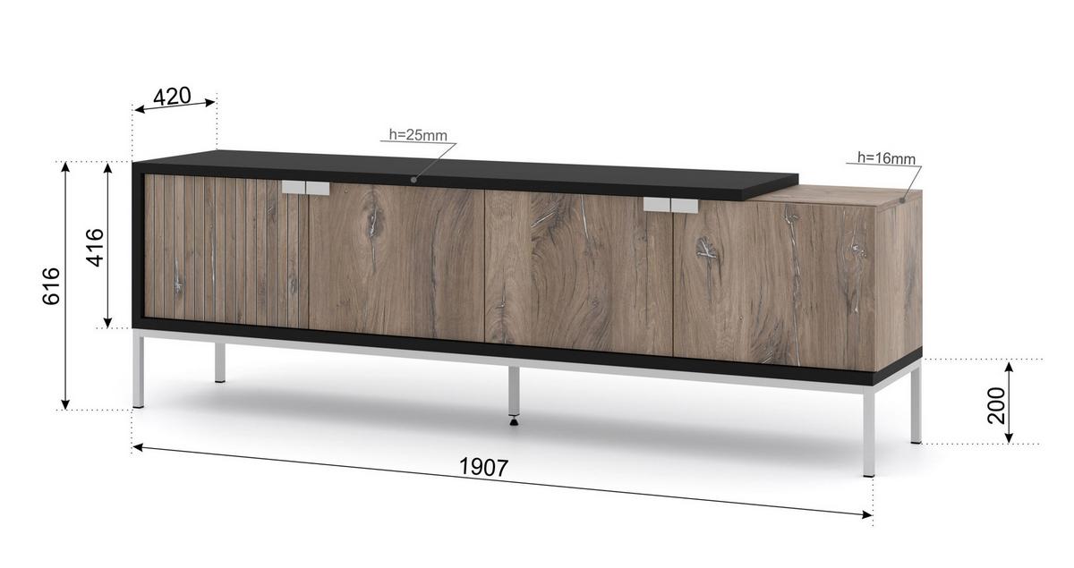 TV LOWBOARD Flagstaff Eiche, Schwarz 190/62/42 - Schwarz, Holzwerkstoff (190/62/42cm) - RAUMHIRSCH FURNITURE