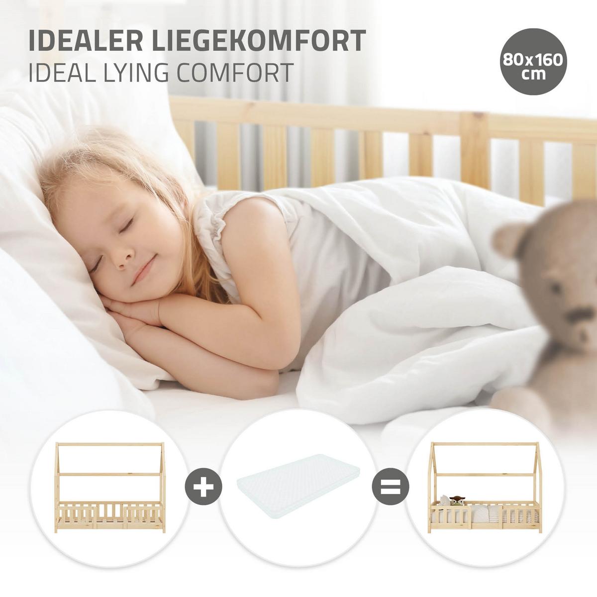 KINDERBETT 80x160 cm mit Rausfallschutz Natur aus Kiefernholz - Naturfarben, Holz (80/160cm) - ML-DESIGN