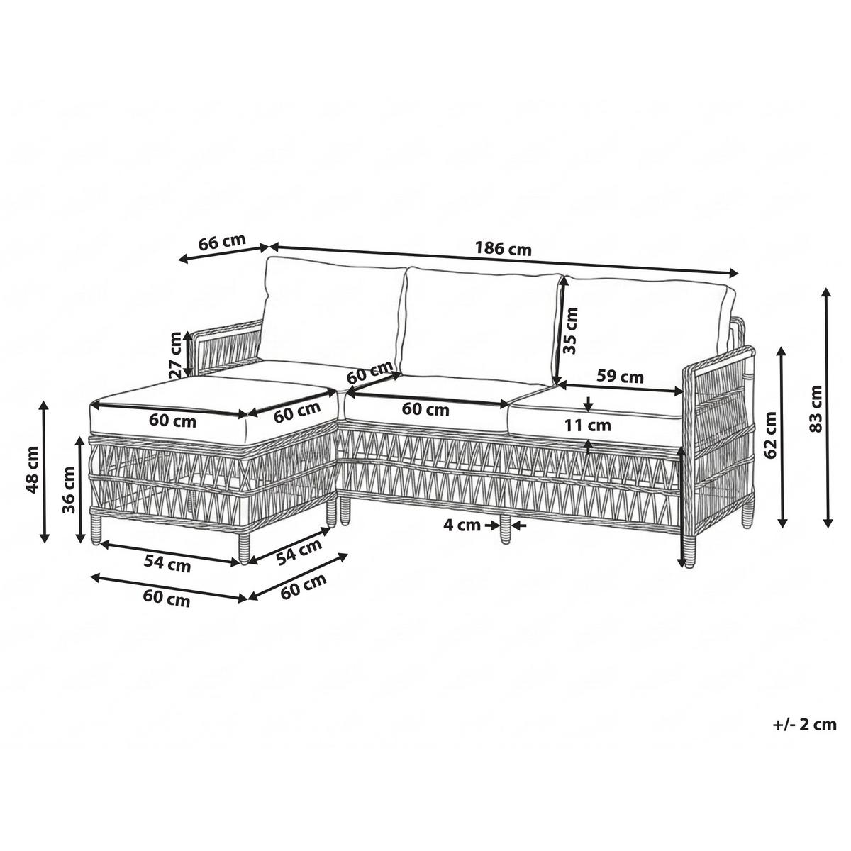 GARTENSOFA mit Ottomane 3-Sitzer Polyrattan Grau Ofena - Grau, Kunststoff (186/83/66cm) - Beliani