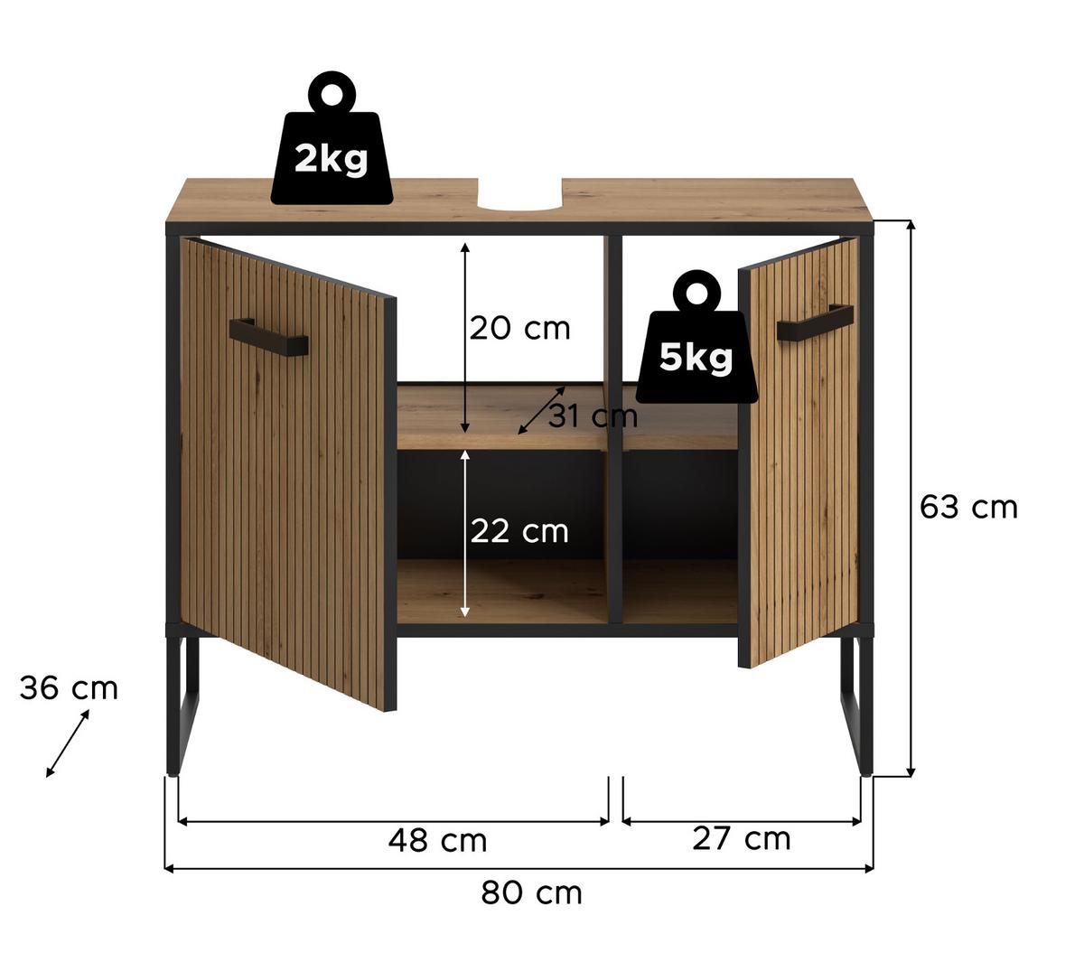 WASCHBECKENUNTERSCHRANK Eiche Artisan, schwarz 80 cm, Badezimmer Unterschrank mit Soft-Close - Schwarz/Eiche Artisan, Holzwerkstoff/Kunststoff (80/63/36cm) - Inn.Furn