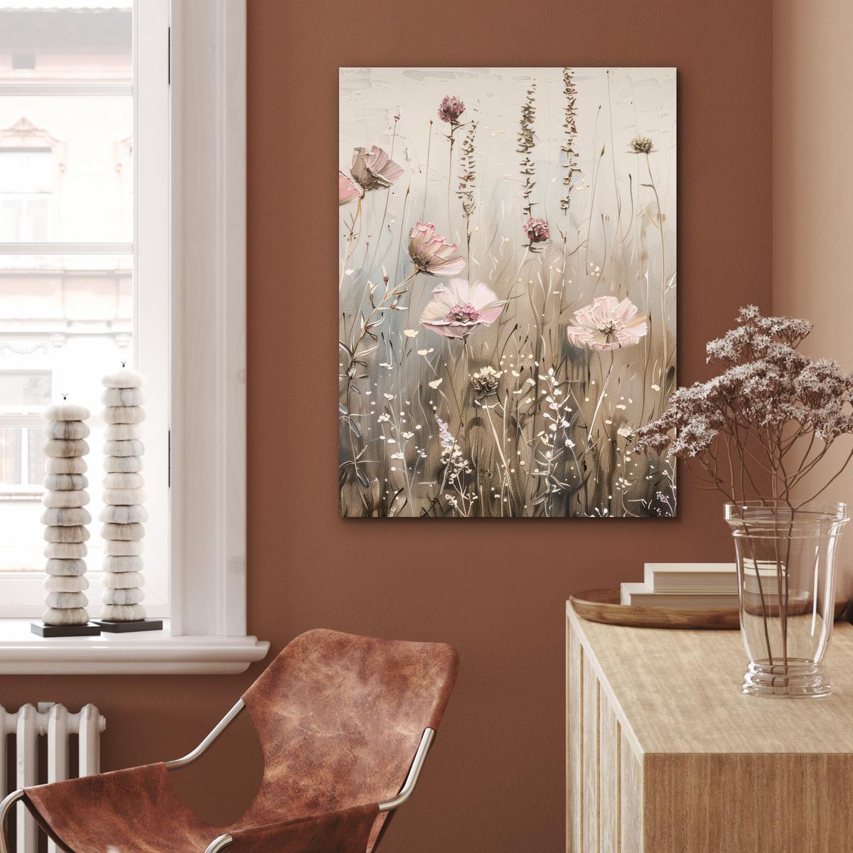 METALLBILD Blumen - Rosa - Modern - Beige 60x80 cm - Beige, Metall (60/80cm) - MuchoWow